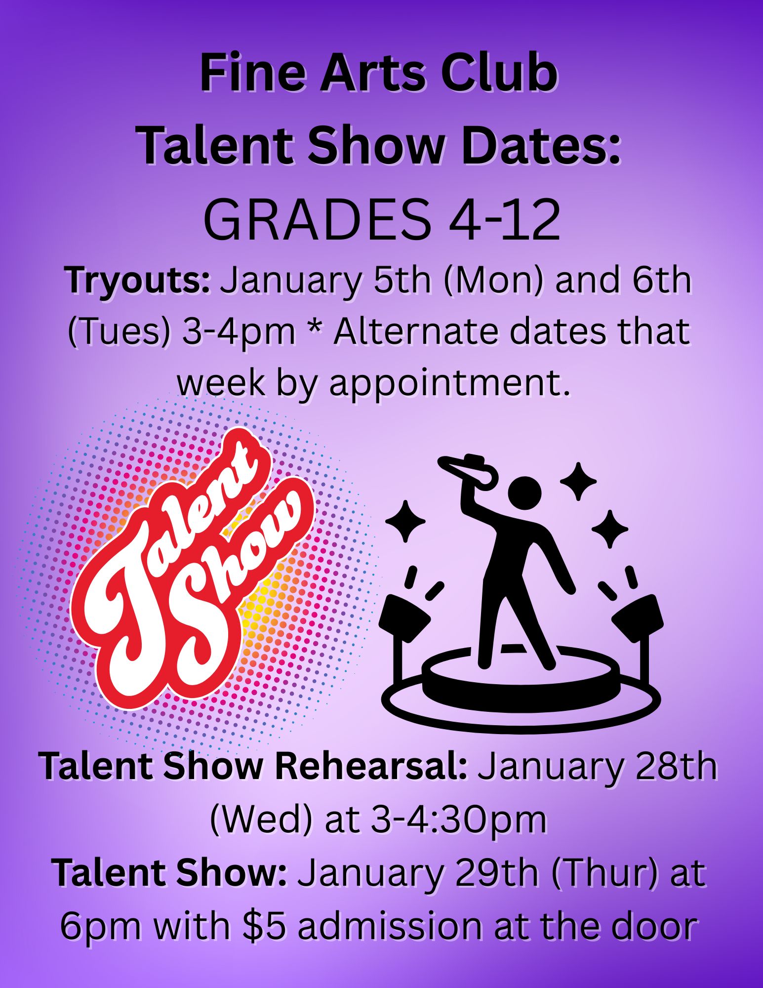 Talent Show Information for Andover Central School with a character singing with purples, black and red colors,